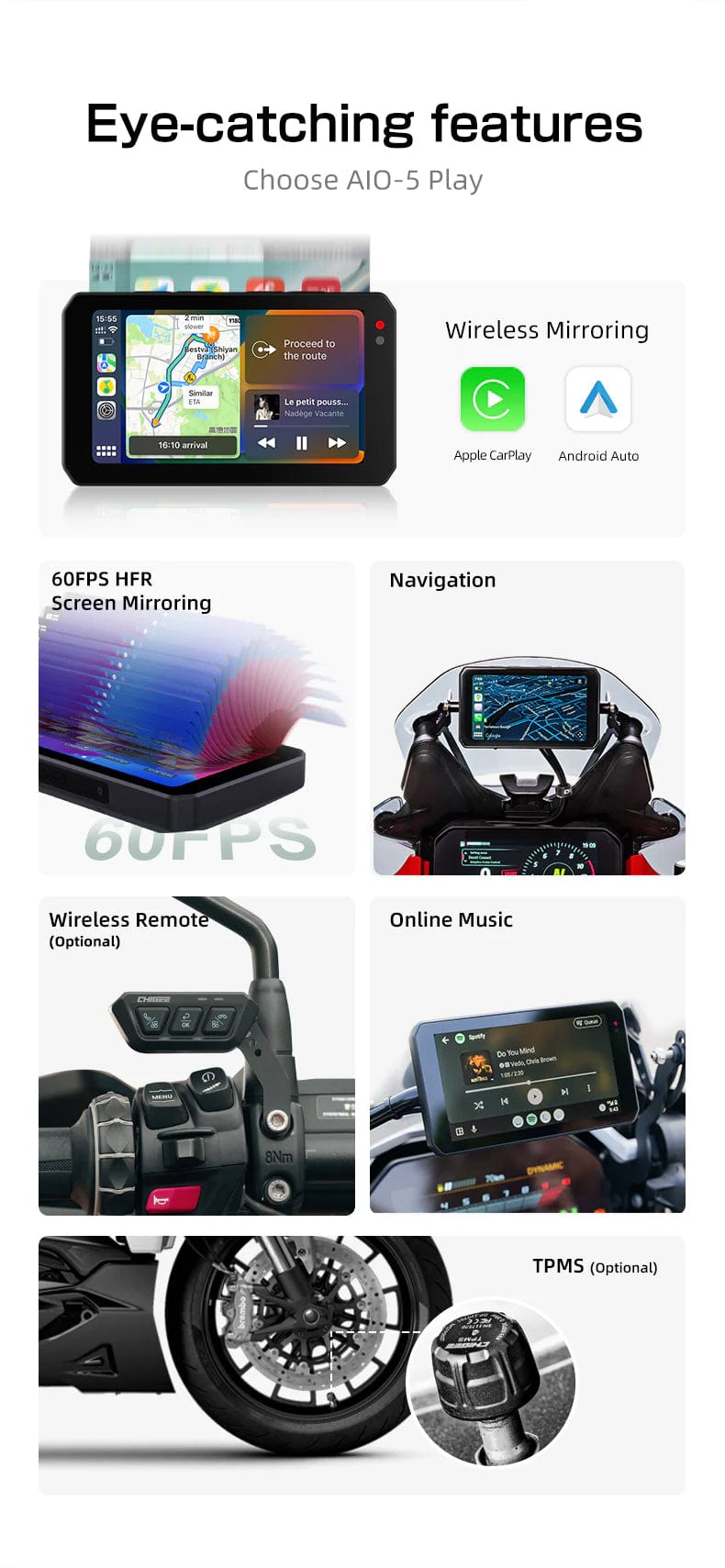 Chigee Chigee AIO-5 Play Android en Apple carplay display voor uw motor Navigatiesystemen